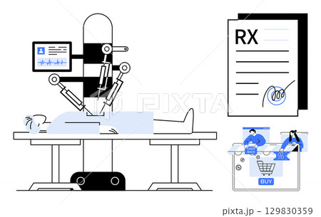 Robotic arms operating on patient in surgical table, prescription document, and online medicine shopping cart. Ideal for healthcare innovation, robotic surgery, telemedicine, eHealth, prescriptions Robotic arms operating on patient in surgical table, prescription document, and online medicine shopping cart. Ideal for healthcare innovation, robotic surgery, telemedicine, eHealth, prescriptions 129830359