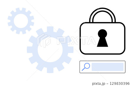 Gear wheels and lock icon with keyhole and search bar. Represents cybersecurity, data protection, privacy, technology, and system security. Ideal for tech platforms, educational tools, corporate 129830396