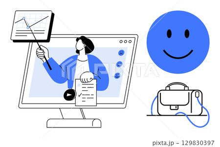 Instructor using a pointer to highlight a graph on a screen during an online presentation, clipboard in hand. Surrounding icons include a blue happy face and a bag. Ideal for education, business 129830397