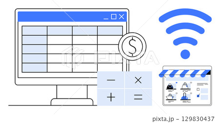 Computer screen with spreadsheet, dollar sign, calculator buttons, wireless icon, online store interface. Ideal for finance, e-commerce, business management, accounting online shopping 129830437