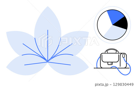 Pie chart, briefcase, and flower motif symbolize business growth and creativity. Ideal for business strategy, data analysis, creative process, professional development, workplace innovation 129830449