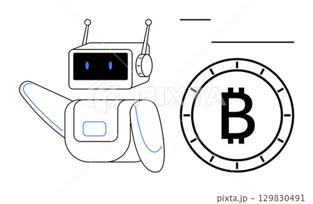 Robot with antennae and gesture, Bitcoin coin symbol. Ideal for technology, finance, cryptocurrency, automation, artificial intelligence, fintech, blockchain Line metaphor Robot with antennae and gesture, Bitcoin coin symbol. Ideal for technology, finance, cryptocurrency, automation, artificial intelligence, fintech, blockchain Line metaphor 129830491