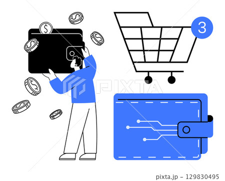 Man interacting with digital wallet, coins flying around, shopping cart with 3 items notification, and blue electronic wallet with circuit lines. Ideal for e-commerce, digital payments, online 129830495