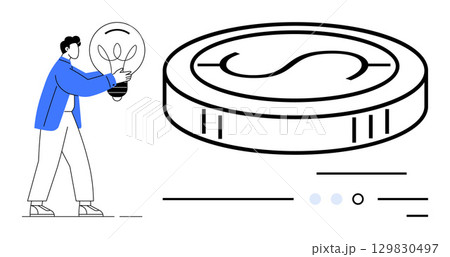 Man holding lightbulb standing beside large coin with dollar sign symbol blue, black and white color scheme. Ideal for business solutions, financial innovation, investment strategies, creative 129830497