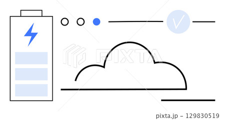 Battery charging with lightning bolt, cloud in center, checkmark, and dots. Ideal for energy, technology, renewable resources, cloud computing data storage sustainability efficiency. Line metaphor Battery charging with lightning bolt, cloud in center, checkmark, and dots. Ideal for energy, technology, renewable resources, cloud computing data storage sustainability efficiency. Line metaphor 129830519