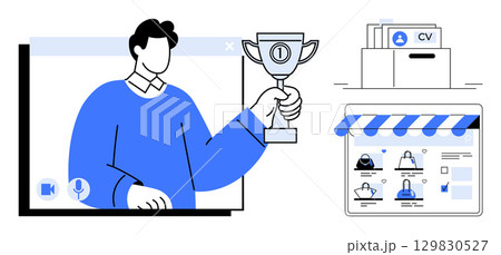 Person holding a trophy during video call, organized CVs in a box, online job portal interface showcasing profiles. Ideal for job search, remote achievements, recruitment, HR, virtual events, career Person holding a trophy during video call, organized CVs in a box, online job portal interface showcasing profiles. Ideal for job search, remote achievements, recruitment, HR, virtual events, career 129830527