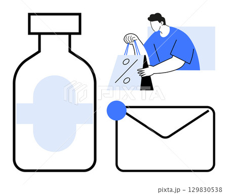 Shopping bag with percentage, large bottle, and envelope icon beside a person carrying bags. Ideal for e-commerce, retail promotions, marketing, online shopping, sales, discounts email campaigns Shopping bag with percentage, large bottle, and envelope icon beside a person carrying bags. Ideal for e-commerce, retail promotions, marketing, online shopping, sales, discounts email campaigns 129830538