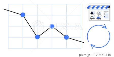 Business sales line graph with declining trend, online store dashboard mockup and refresh icon. Ideal for business analytics, e-commerce, economic trends, performance monitoring, data visualization 129830540