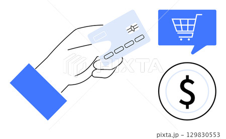 Hand holding credit card, blue shopping cart speech bubble, and dollar sign circle illustrating online payment. Ideal for e-commerce, online shopping, digital transactions, payment gateways 129830553