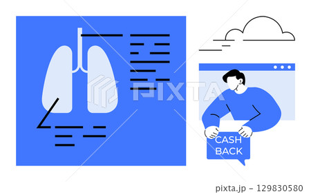 Diagram of human lungs with annotated parts on a blue background. Man holding a cashback sign near a simplified cloud. Ideal for healthcare, finance, education, digital services, promotional 129830580