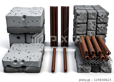 白背景にコンクリートブロックと鉄骨の三次元グラフィック 129830623