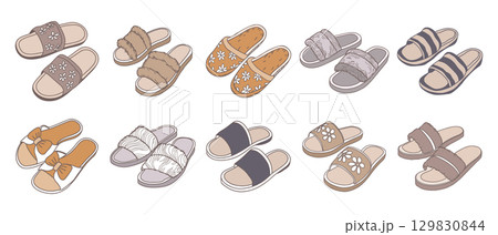 Set of house slippers on a white background. Cozy home slippers. Illustration. Set of house slippers on a white background. Cozy home slippers. Illustration. 129830844
