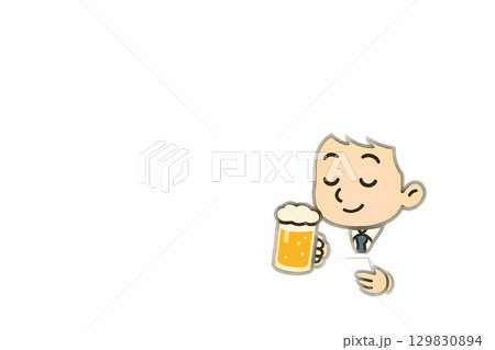 立ち飲み居酒屋でスマホ片手に飲むミニキャラ男性 129830894