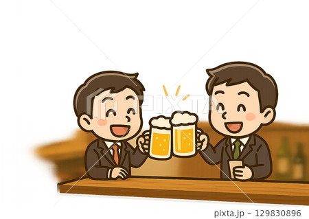 立ち飲み居酒屋で乾杯するミニキャラ男性と同僚 129830896