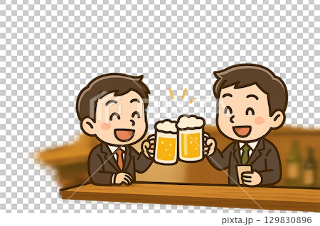 立ち飲み居酒屋で乾杯するミニキャラ男性と同僚 129830896