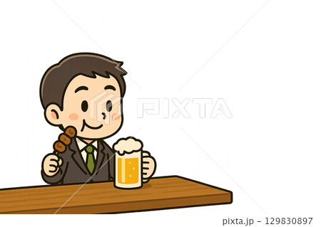 立ち飲み居酒屋で串焼きを味わうミニキャラ男性 129830897
