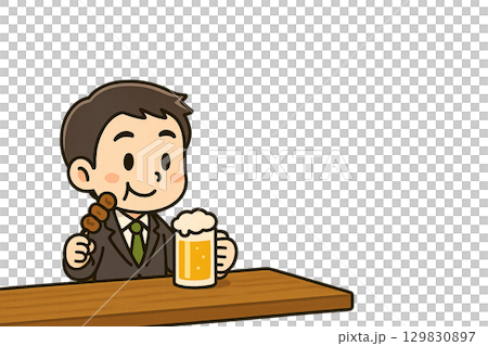 立ち飲み居酒屋で串焼きを味わうミニキャラ男性 129830897