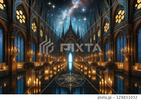 ゴシック大聖堂と星空 129831032