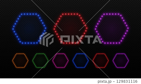 Hexagon light neon bulbs frame. Border with led glow of lamps for advertising cinema, show and casino. Vector set of retro elements in blue, purple and green. 129831116