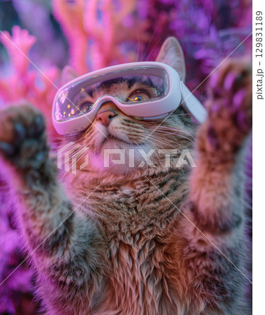 Cat immerses in a virtual world with playful curiosity and wonder 129831189