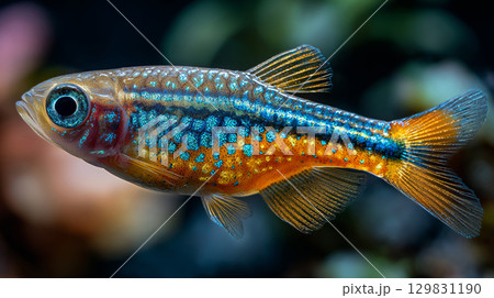 Celestial pearl danio gliding through a vibrant underwater world 129831190