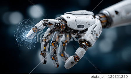 Robotic hand engages with digital interface showcasing futuristic technology 129831220