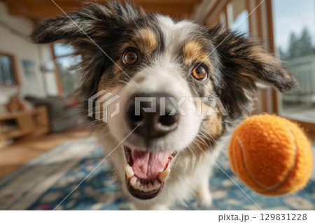 Excited dog ready for a treat from a smart camera dispenser in cozy home setting 129831228