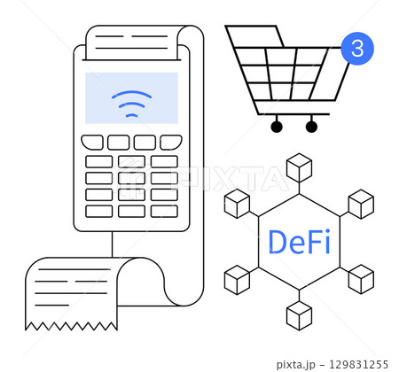 Digital payment terminal with receipt, shopping cart with notification, decentralized finance blockchain network. Ideal for retail, financial transactions, cryptocurrency, e-commerce, fintech Digital payment terminal with receipt, shopping cart with notification, decentralized finance blockchain network. Ideal for retail, financial transactions, cryptocurrency, e-commerce, fintech 129831255