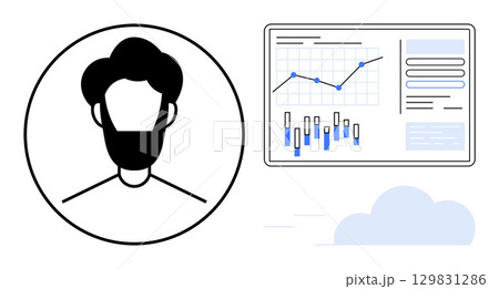 Black and white graphical portrait of a bearded man next to a digital dashboard showing graphs and charts. Ideal for business, analytics, data visualization, technology, IT, cloud computing, virtual 129831286