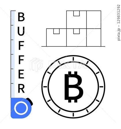Storage boxes stacked in a warehouse, a tape labeled BUFFER, and a Bitcoin symbol on a clock. Ideal for logistics, supply chain, e-commerce, cryptocurrency, inventory, automation, efficiency. Line 129831292