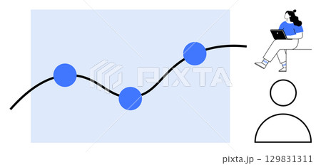 Trend line with data points, person working on a laptop, user profile icon. Ideal for business analytics, data visualization, tech presentations, user interfaces, online education, remote work 129831311
