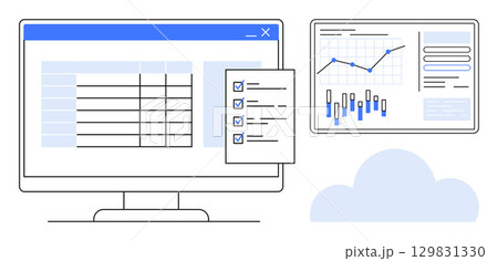 Computer screen showing a spreadsheet, checklist, and floating dashboard with charts and graphs. Ideal for data analysis, project management, statistics, business strategy, digital marketing, tech Computer screen showing a spreadsheet, checklist, and floating dashboard with charts and graphs. Ideal for data analysis, project management, statistics, business strategy, digital marketing, tech 129831330
