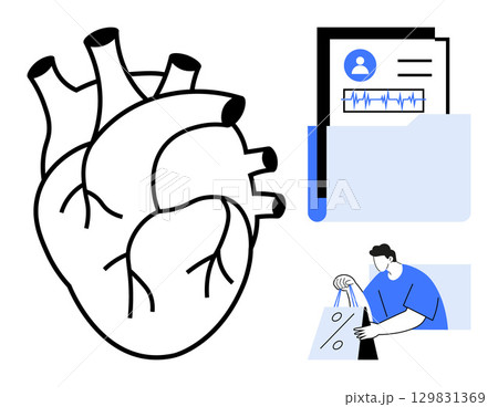 Human heart anatomy diagram, medical documents with ECG report, person carrying shopping bags. Ideal for healthcare, medical education, cardiology, patient records, shopping behavior, lifestyle 129831369
