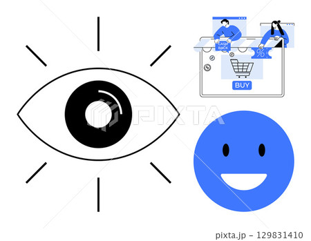 Eye symbol, smiling face, and e-commerce visuals with shopping cart and cashback. Ideal for online shopping, e-commerce, digital marketing, user satisfaction, web design, consumer behavior tech 129831410