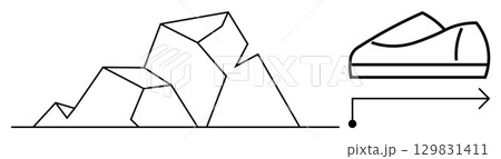Geometric mountain range next to a simplified shoe and directional arrow. Ideal for outdoor activities, travel, hiking, navigation, sports, adventure, nature. Line metaphor Geometric mountain range next to a simplified shoe and directional arrow. Ideal for outdoor activities, travel, hiking, navigation, sports, adventure, nature. Line metaphor 129831411