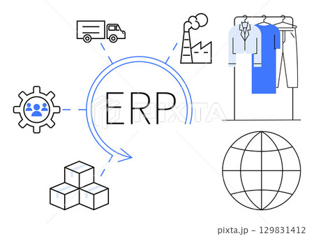 ERP system elements connecting gear, delivery truck, factory, shirts, globe, and boxes. Ideal for business process, supply chain logistics inventory manufacturing software global trade. Line 129831412