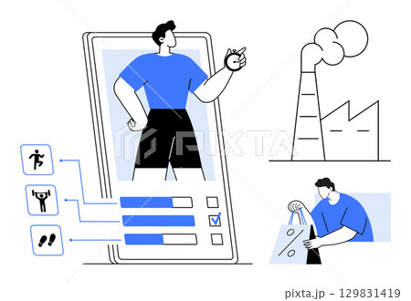 Male figure emerging from mobile device screen with exercise icons on side, factory with smoke, and a person carrying shopping bag. Ideal for fitness, technology, lifestyle, consumer behavior 129831419