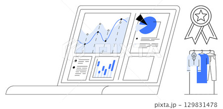 Laptop displaying graphs and charts, blue and black icons, award ribbon, clothing rack. Ideal for business presentations, analytics, e-commerce, sales tracking, marketing retail management fashion Laptop displaying graphs and charts, blue and black icons, award ribbon, clothing rack. Ideal for business presentations, analytics, e-commerce, sales tracking, marketing retail management fashion 129831478