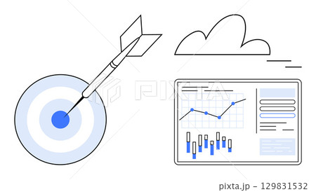 Target with dart hitting center, cloud, data analysis dashboard with graphs. Ideal for business strategy, goal setting, marketing, data analytics, performance tracking, project management, digital Target with dart hitting center, cloud, data analysis dashboard with graphs. Ideal for business strategy, goal setting, marketing, data analytics, performance tracking, project management, digital 129831532