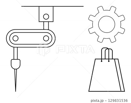 Robotic arm poised for manufacturing, accompanied by gear and shopping bag icons. Ideal for automation, manufacturing, engineering, e-commerce, industrial processes, technology retail themes. Line 129831536