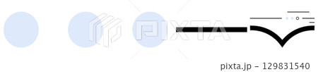 Three light blue circles arranged horizontally followed by a black arrow pointing to the right. Ideal for stages, progress, timelines, steps, workflow, guidance, direction. Line metaphor 129831540