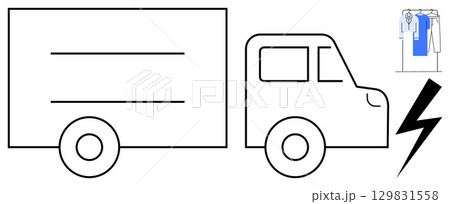 Delivery truck outline beside electrical bolt symbol and clothing on hanger. Ideal for logistics, electric vehicles, eco-friendly transport, retail, delivery services, online shopping Delivery truck outline beside electrical bolt symbol and clothing on hanger. Ideal for logistics, electric vehicles, eco-friendly transport, retail, delivery services, online shopping 129831558