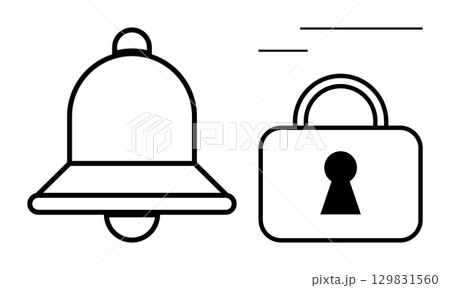 Simple line art of a notification bell and a padlock with keyhole, signifying alerts and security. Ideal for apps, websites, notifications, security measures, privacy, alerts, and user interfaces Simple line art of a notification bell and a padlock with keyhole, signifying alerts and security. Ideal for apps, websites, notifications, security measures, privacy, alerts, and user interfaces 129831560