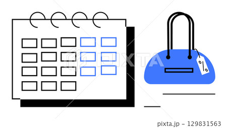 Calendar with daily tasks and blue purse highlighted. Ideal for planning, organization, scheduling, time management, personal finance, shopping, and productivity. Line metaphor 129831563