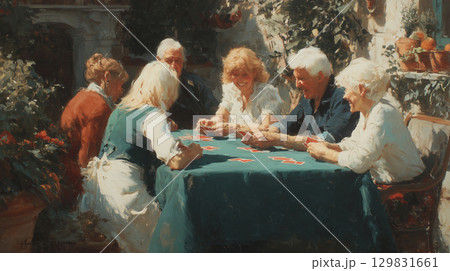 Retired friends enjoy a lively card game on a sunny afternoon Retired friends enjoy a lively card game on a sunny afternoon 129831661