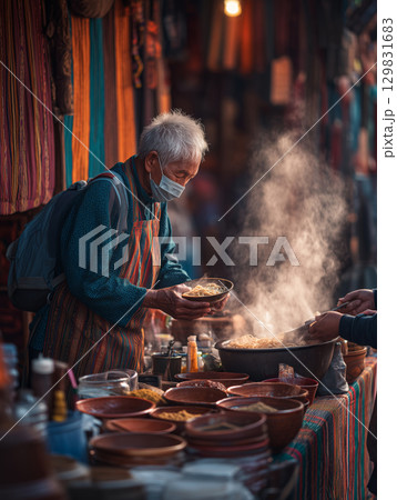 Elderly Thai vendor serving hot noodles in a vibrant market at dusk 129831683