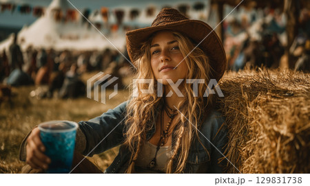 Relaxing at a lively festival with a cowboy companion on a sunny afternoon Relaxing at a lively festival with a cowboy companion on a sunny afternoon 129831738