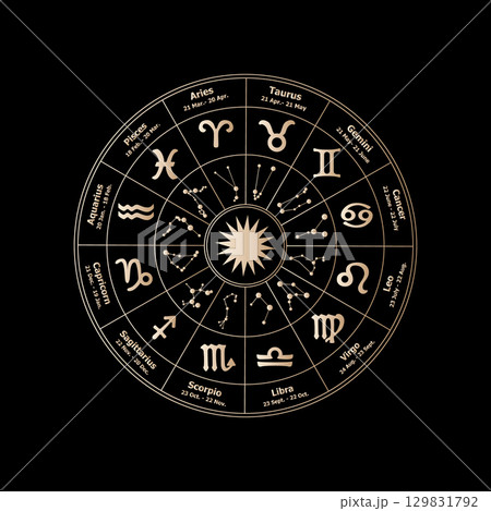 Elegant zodiac wheel with astrological signs, constellations, and dates on black background. Perfect for mystical, spiritual, or horoscope-themed designs. Vector Elegant zodiac wheel with astrological signs, constellations, and dates on black background. Perfect for mystical, spiritual, or horoscope-themed designs. Vector 129831792