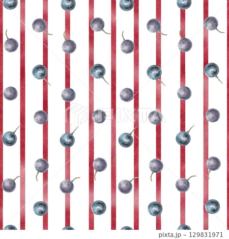 Seamless pattern with grapes on stripes background. Watercolor illustration in realistic style for packaging design, wine list, printing on kitchen textiles and fabric. 129831971