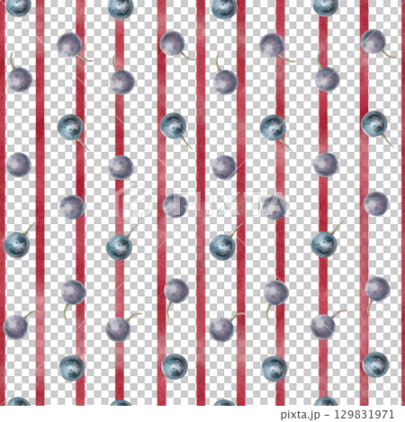 Seamless pattern with grapes on stripes background. Watercolor illustration in realistic style for packaging design, wine list, printing on kitchen textiles and fabric. 129831971
